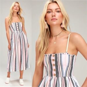 FREE PEOPLE LILAH STRIPED PLEATED TUBE MIDI DRESS REMOVABLE STRAPS SIZE LARGE